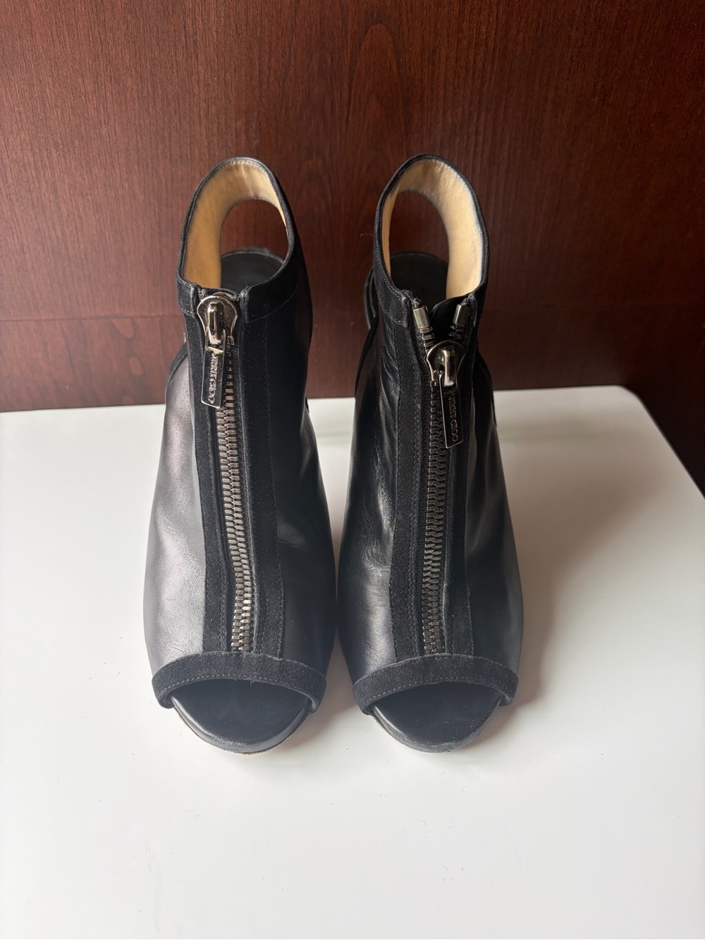 Jimmy Choo Mayva Front-Zip Black Leather Peep-Toe Ankle Booties